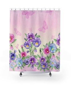 Minimalist Pansy Floral Shower Curtain in Pink and Purple for Warm Bathroom Decor