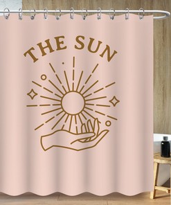 Minimalist Pink Shower Curtain With Abstract Sun And Hand Of God Print For A Bohemian Touch In Your Bathroom