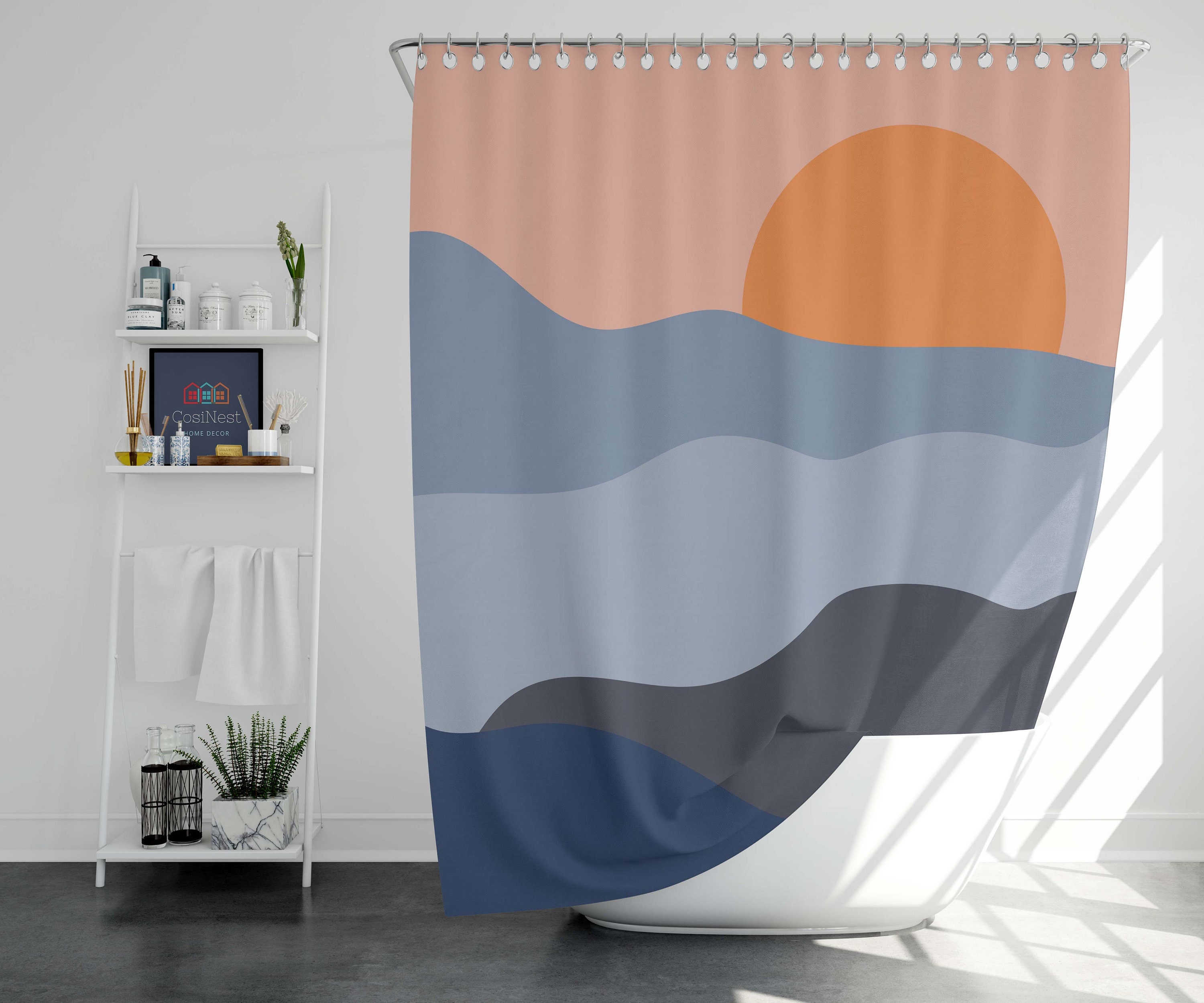 Minimalist Retro Landscape Blue Mountain Shower Curtain for Bathroom
