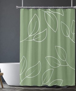 Minimalist Sage Green Shower Curtain with White Leaf Branches for a Clean and Simple Look