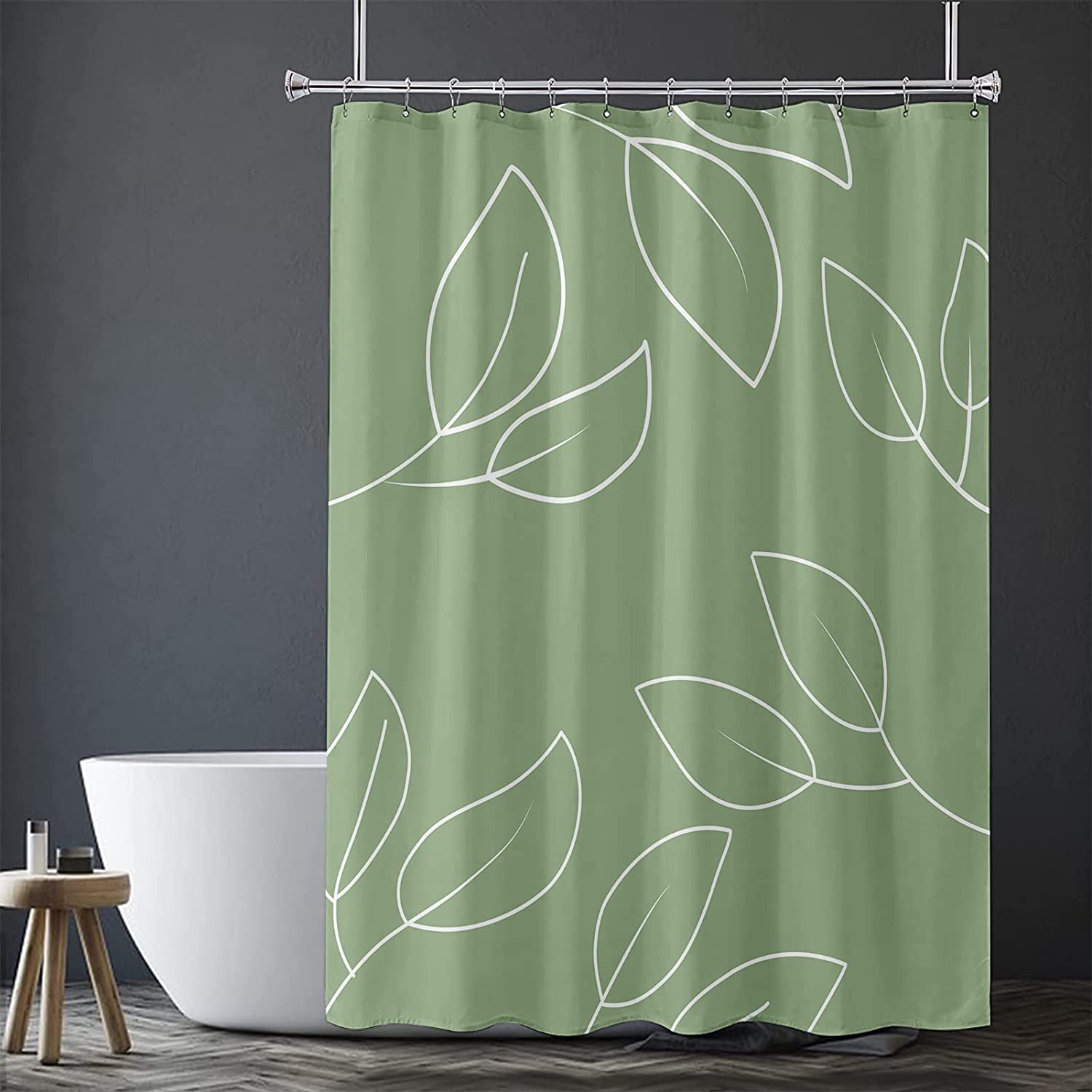 Minimalist Sage Green Shower Curtain with White Leaf Branches for a Clean and Simple Look