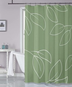 Minimalist Sage Green Shower Curtain with White Leaf Branches for a Clean and Simple Look
