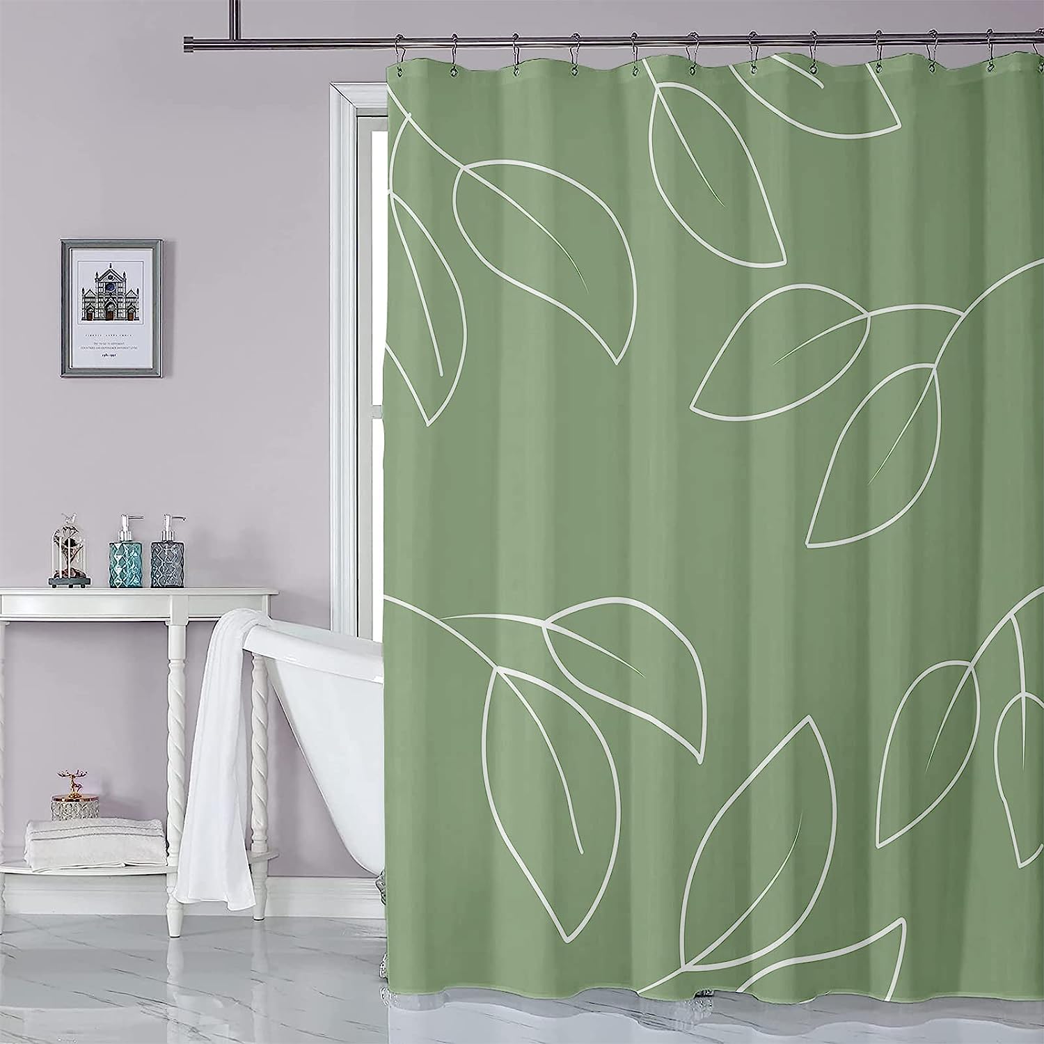Minimalist Sage Green Shower Curtain with White Leaf Branches for a Clean and Simple Look
