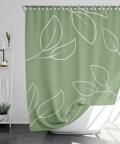 Minimalist Sage Green Shower Curtain with White Leaf Branches for a Clean and Simple Look