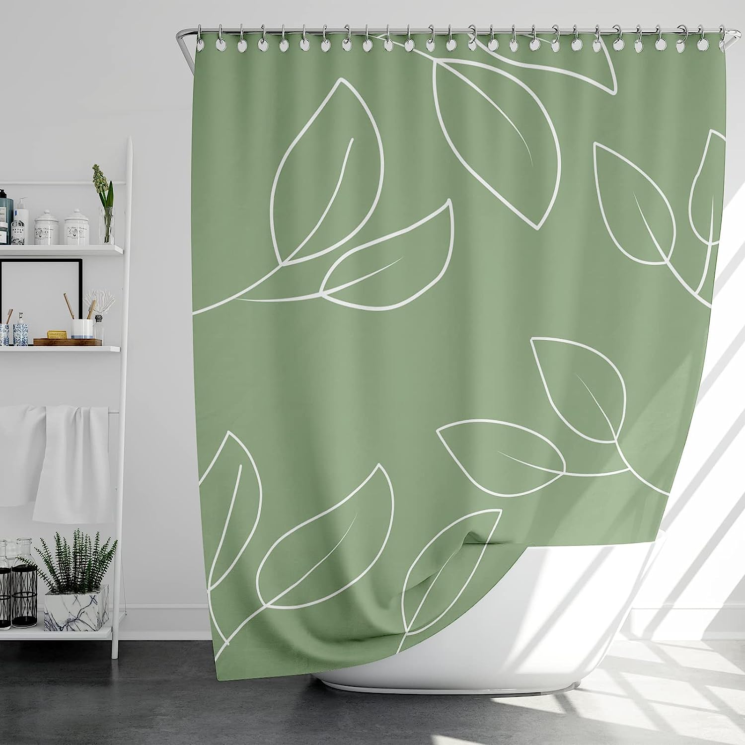 Minimalist Sage Green Shower Curtain with White Leaf Branches for a Clean and Simple Look