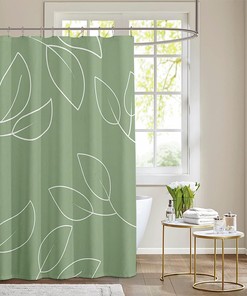 Minimalist Sage Green Shower Curtain with White Leaf Branches for a Clean and Simple Look