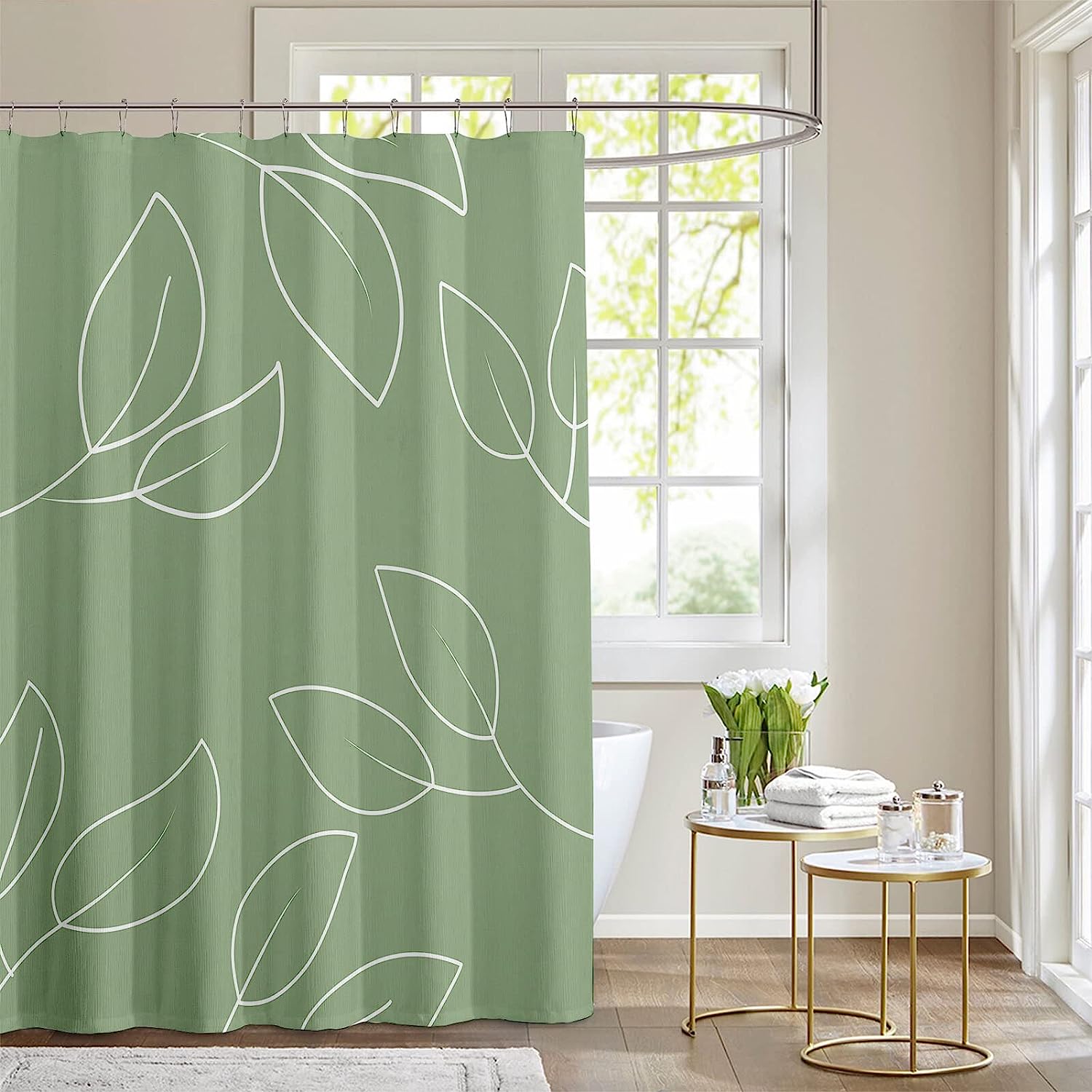Minimalist Sage Green Shower Curtain with White Leaf Branches for a Clean and Simple Look