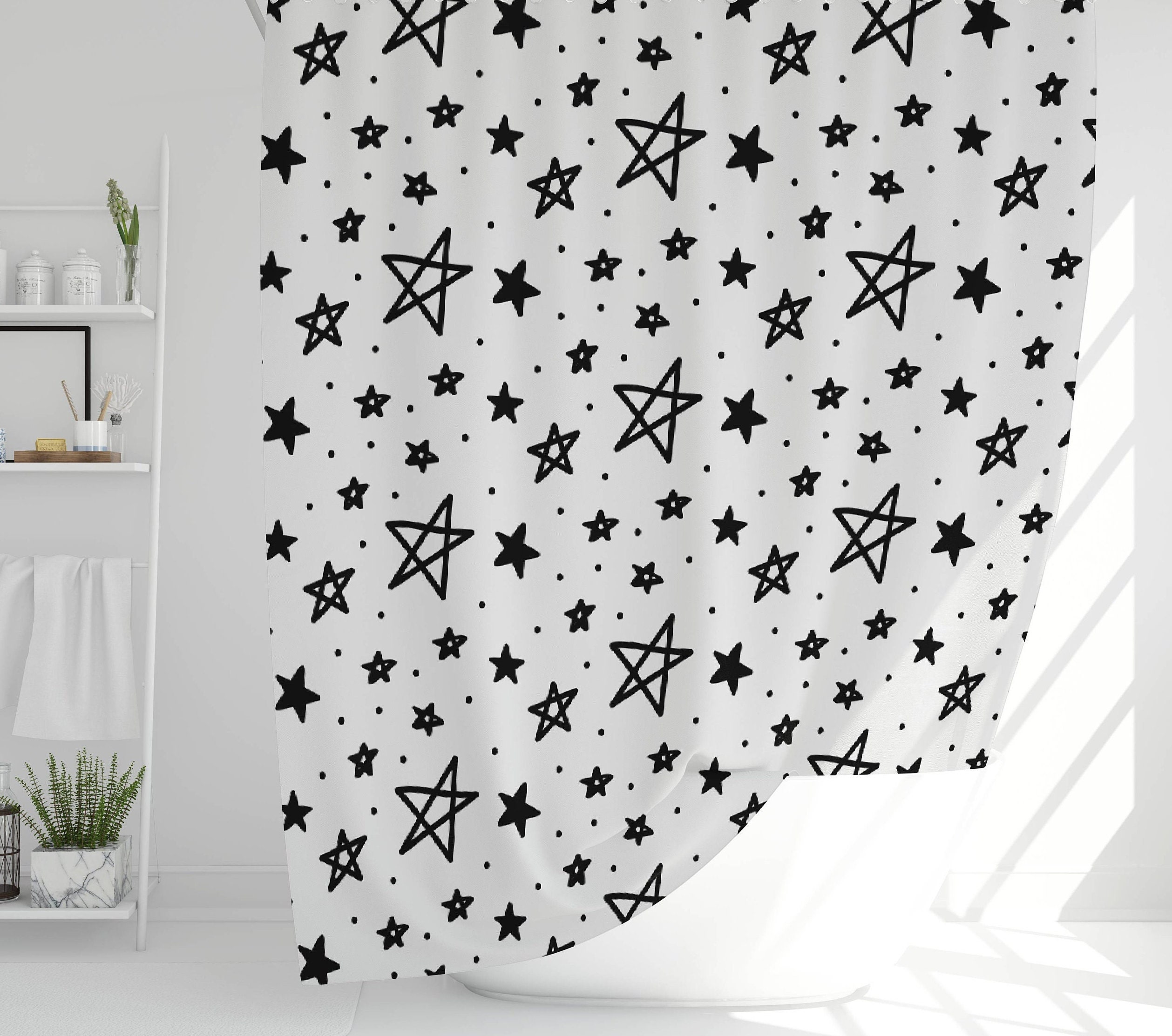 Minimalist Stars Simple Christmas Shower Curtain - Cute Hand Drawn Stars Waterproof Fabric - Image 2