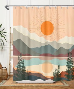 Minimalist Sun And Mountain Shower Curtain, Terracotta Nature Landscape Bohemian Bathroom Decor