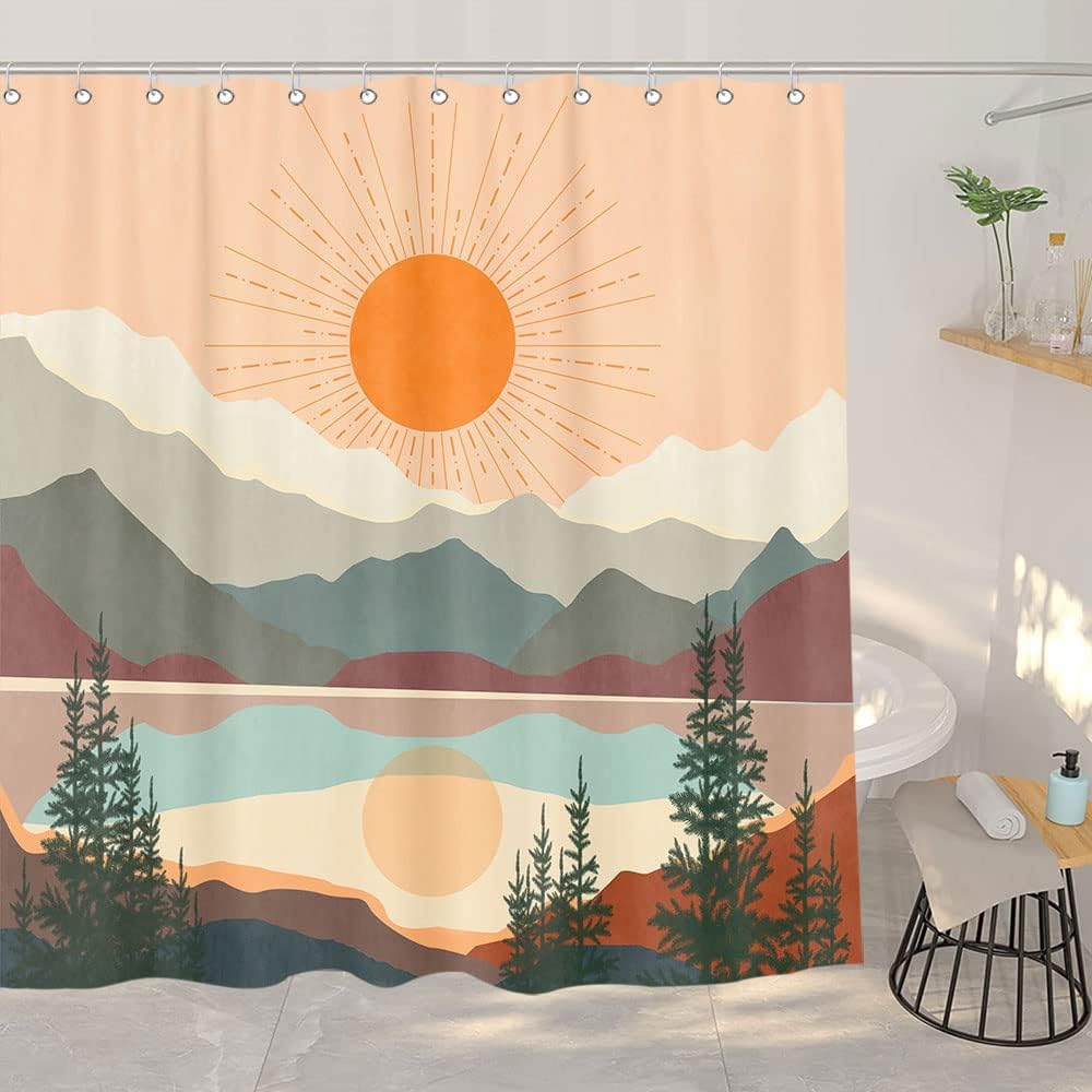 Minimalist Sun And Mountain Shower Curtain, Terracotta Nature Landscape Bohemian Bathroom Decor - Image 2