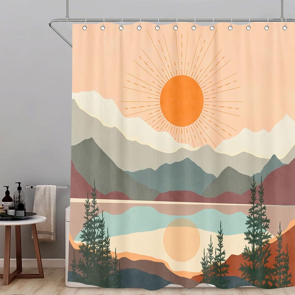 Minimalist Sun And Mountain Shower Curtain, Terracotta Nature Landscape Bohemian Bathroom Decor - Image 3