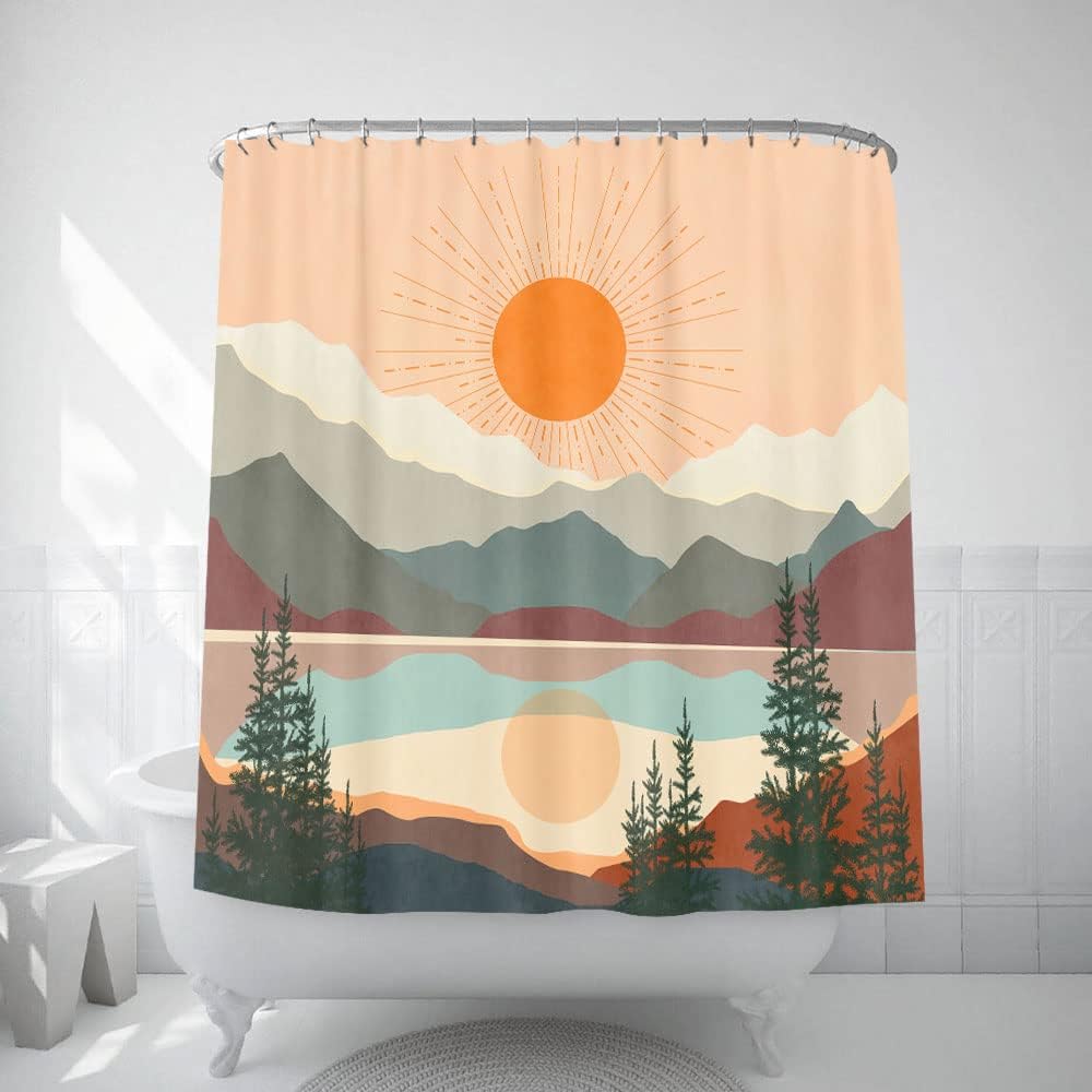 Minimalist Sun And Mountain Shower Curtain, Terracotta Nature Landscape Bohemian Bathroom Decor - Image 4