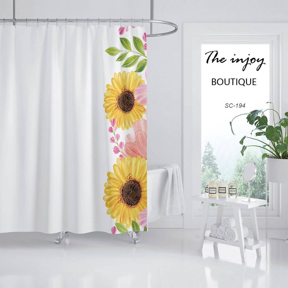Minimalist Sunflowers Shower Curtain, Floral Bathroom Decor, Waterproof Washable Bath Curtains