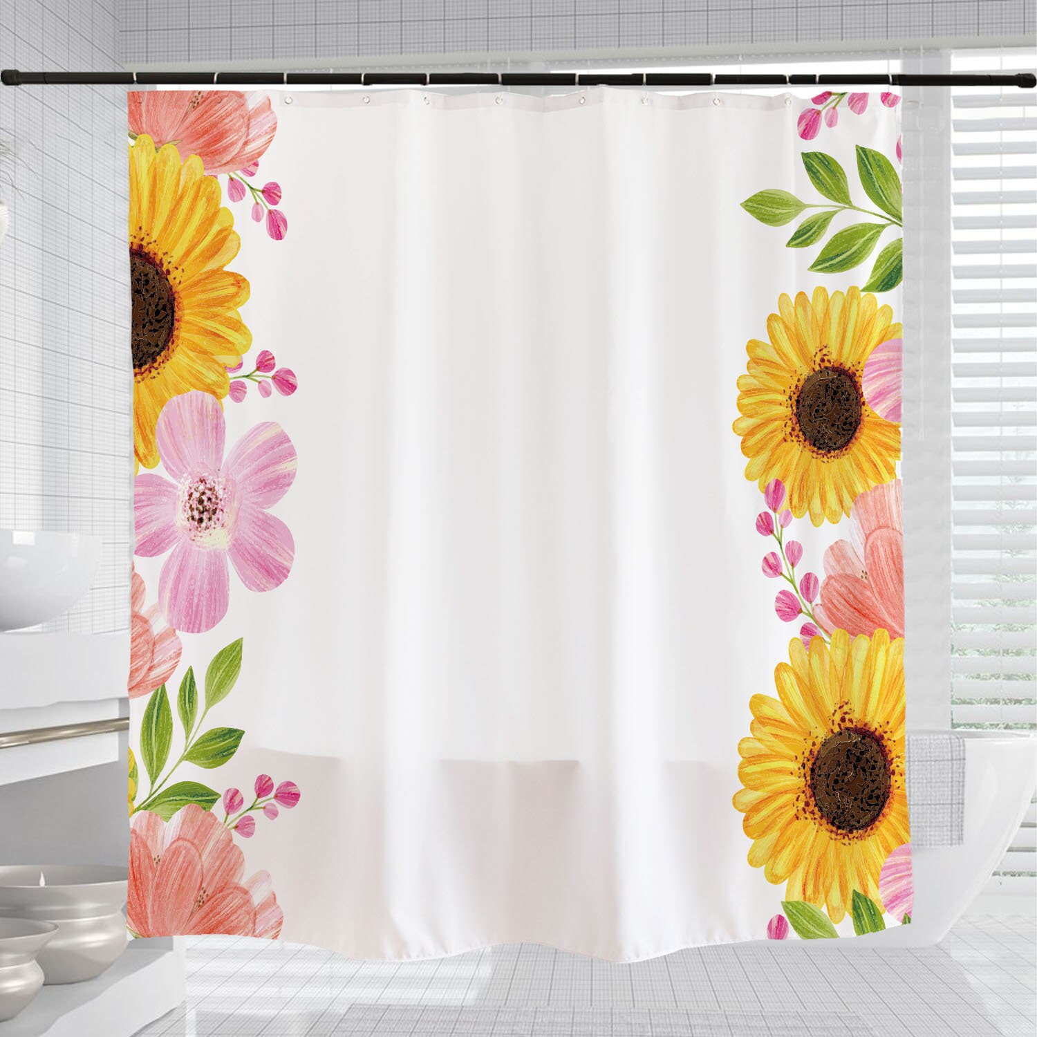 Minimalist Sunflowers Shower Curtain, Floral Bathroom Decor, Waterproof Washable Bath Curtains