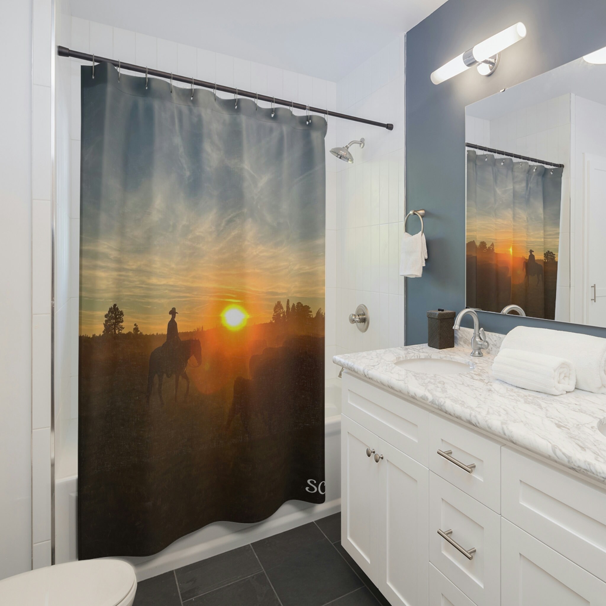 Minimalist Sunset Dusk Shower Curtain, Modern European Style Bathroom Curtains, Waterproof Fabric
