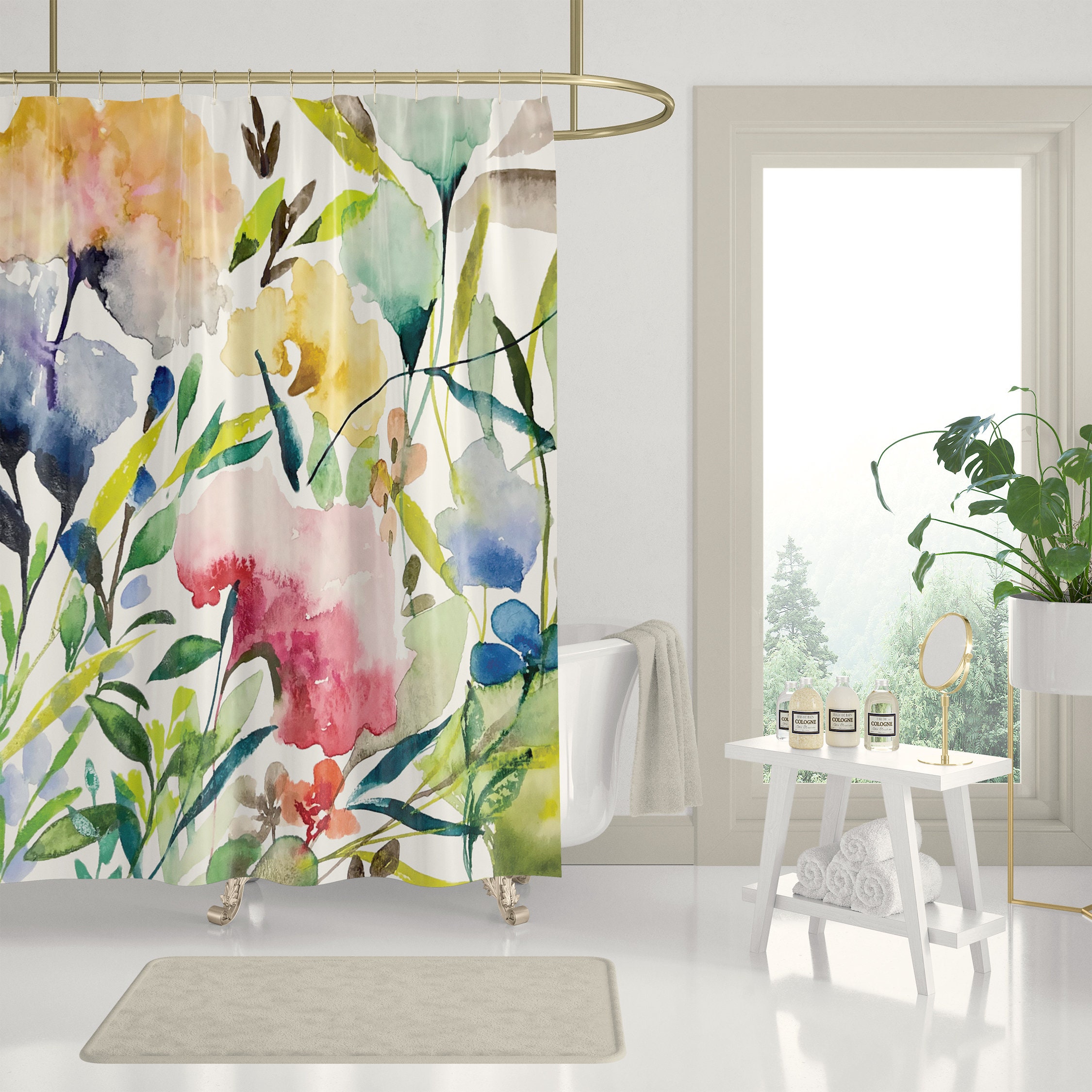 Minimalistic Botanical Print Flowers Shower Curtain For Clean Bathroom Decorr