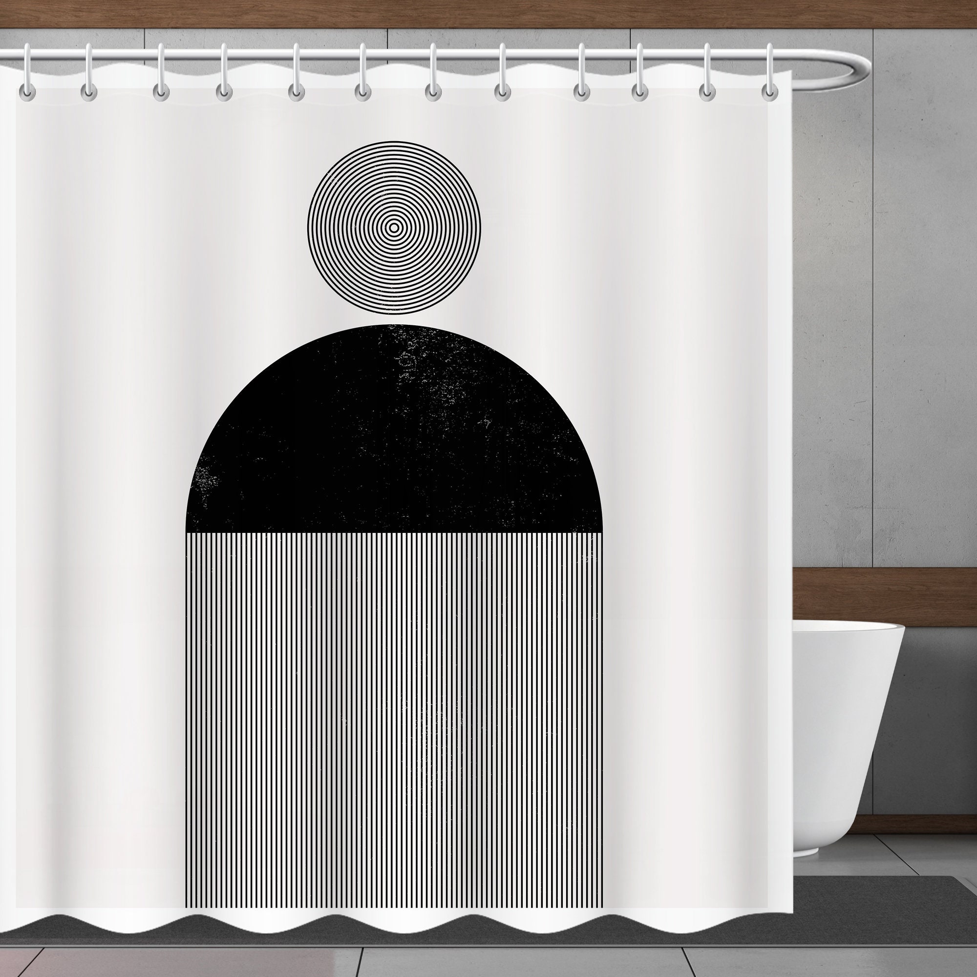 Minimalistic Geometric Patterns Shower Curtain With Black And Gray Lines For Bathroom Decor - Waterproof Fabric