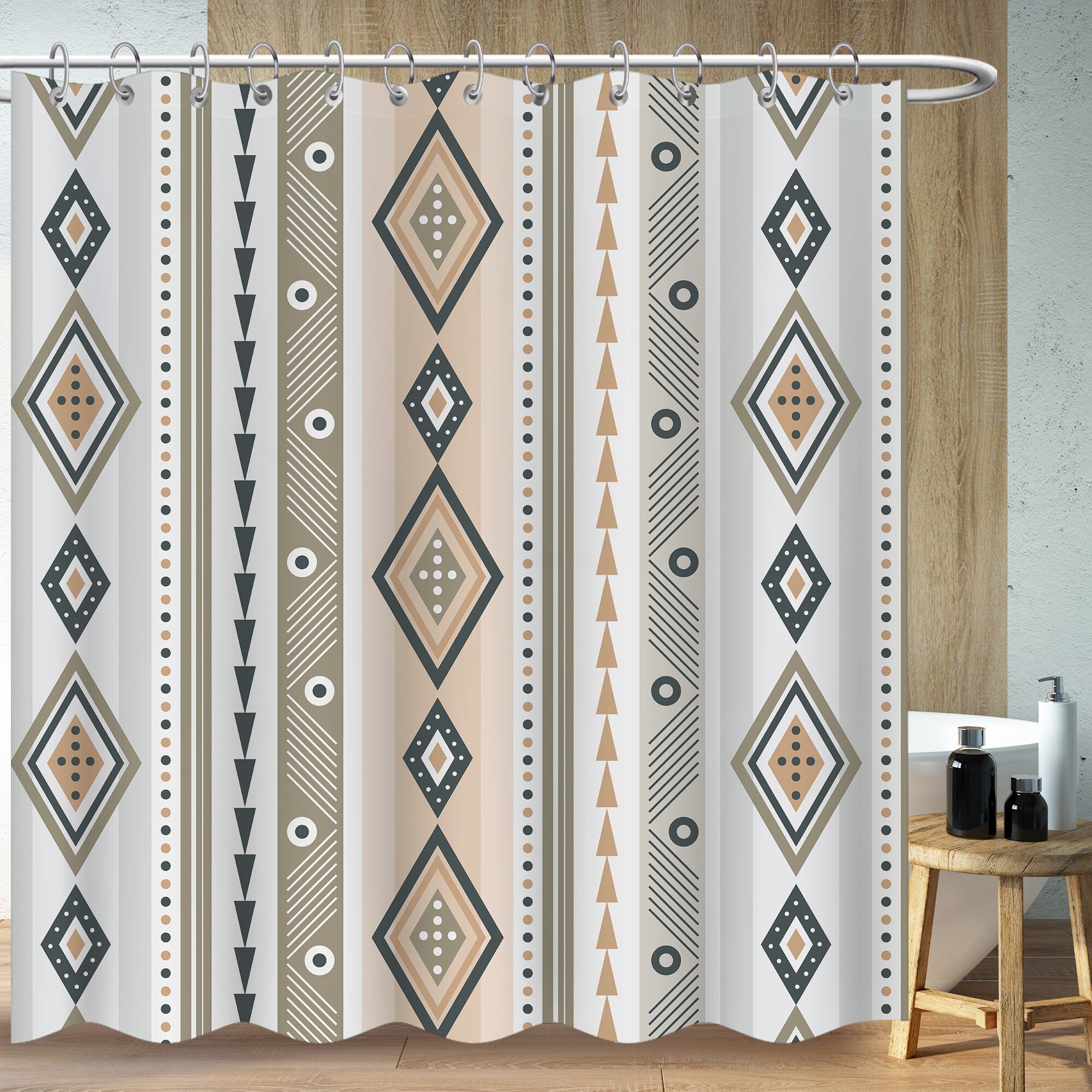 Minimalistic Geometric Patterns Shower Curtain With Chic Bohemian Art Design For A Modern Bathroom
