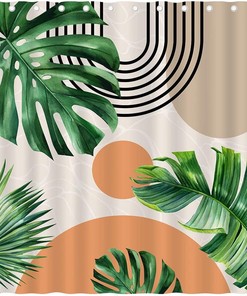 Minimalistic Green Palm Leaf Tree Shower Curtain with Bohemian Arch Design