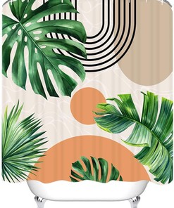 Minimalistic Green Palm Leaf Tree Shower Curtain with Bohemian Arch Design