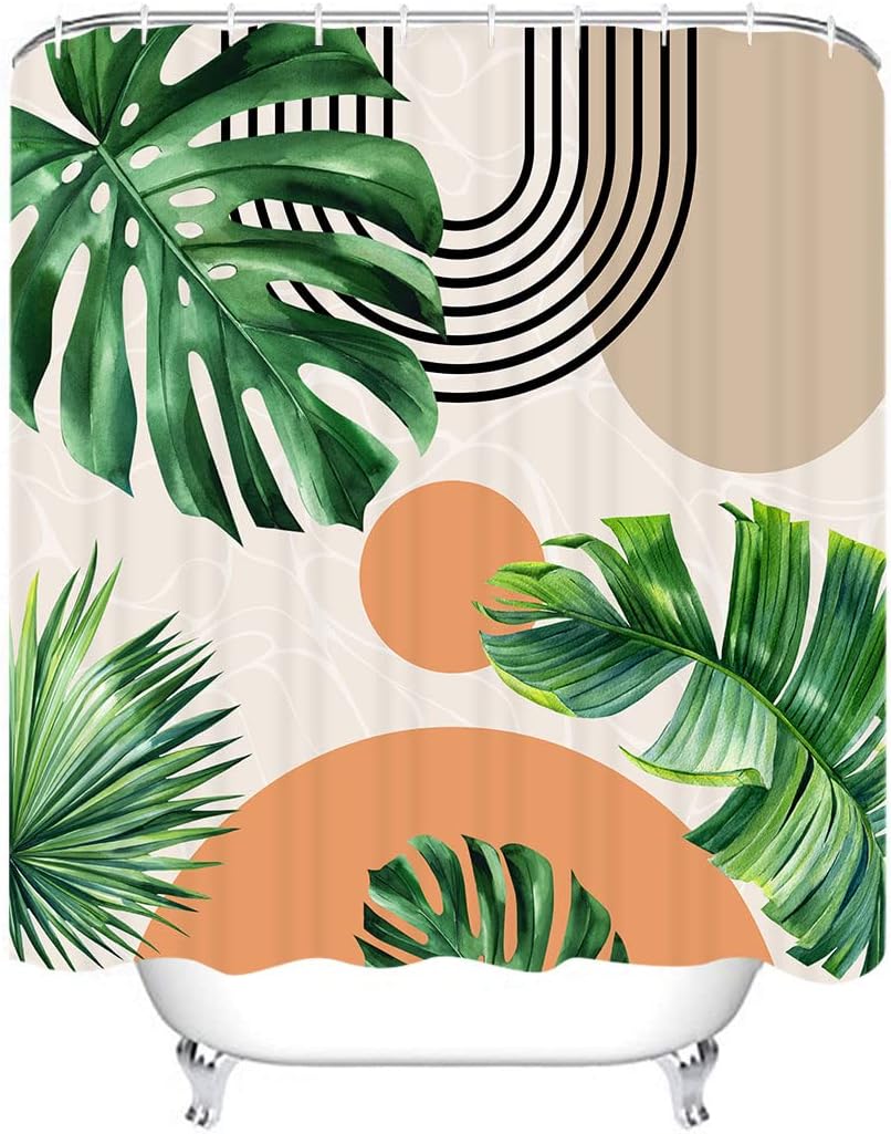 Minimalistic Green Palm Leaf Tree Shower Curtain with Bohemian Arch Design