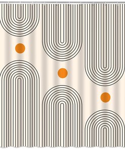 Minimalistic Mid Century Shower Curtain with Abstract Sun and Curve Print 