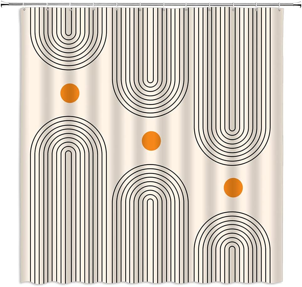 Minimalistic Mid Century Shower Curtain with Abstract Sun and Curve Print