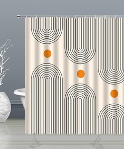 Minimalistic Mid Century Shower Curtain with Abstract Sun and Curve Print