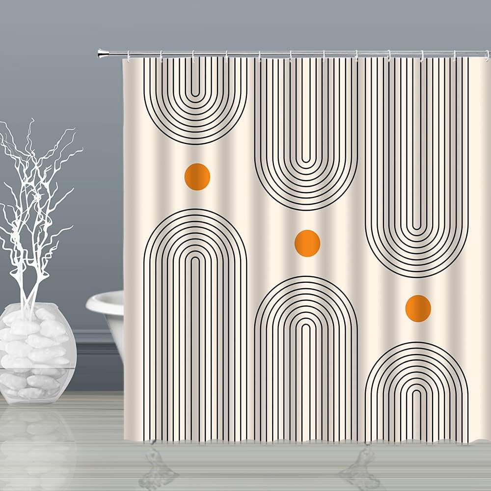Minimalistic Mid Century Shower Curtain with Abstract Sun and Curve Print