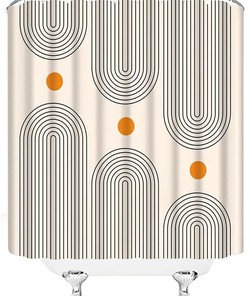 Minimalistic Mid Century Shower Curtain with Abstract Sun and Curve Print