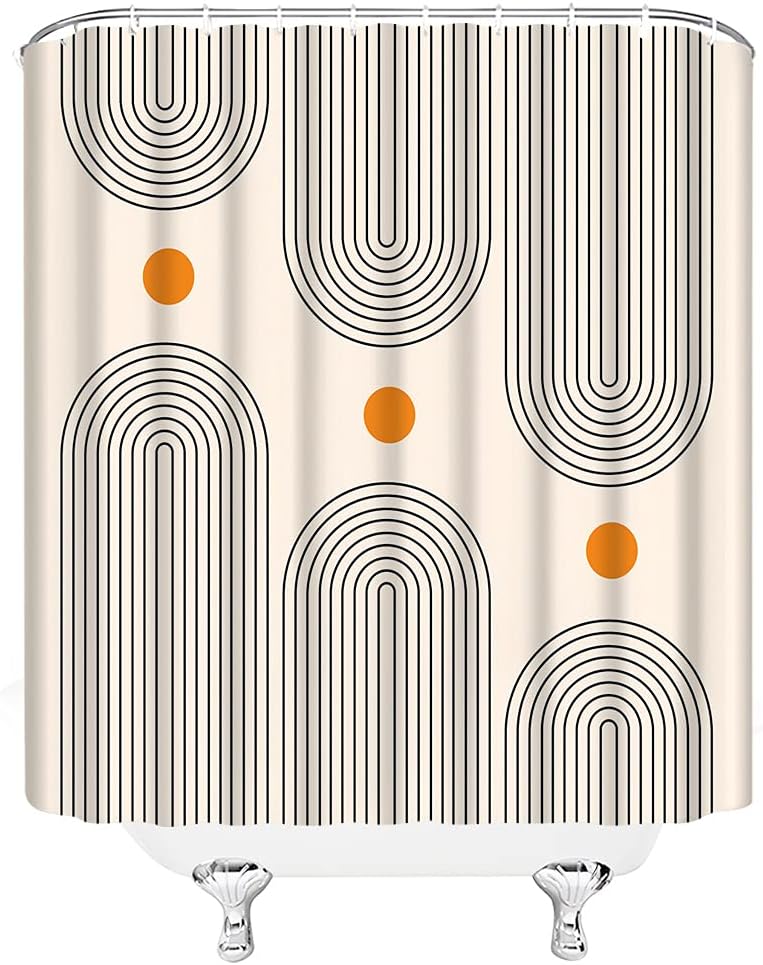 Minimalistic Mid Century Shower Curtain with Abstract Sun and Curve Print