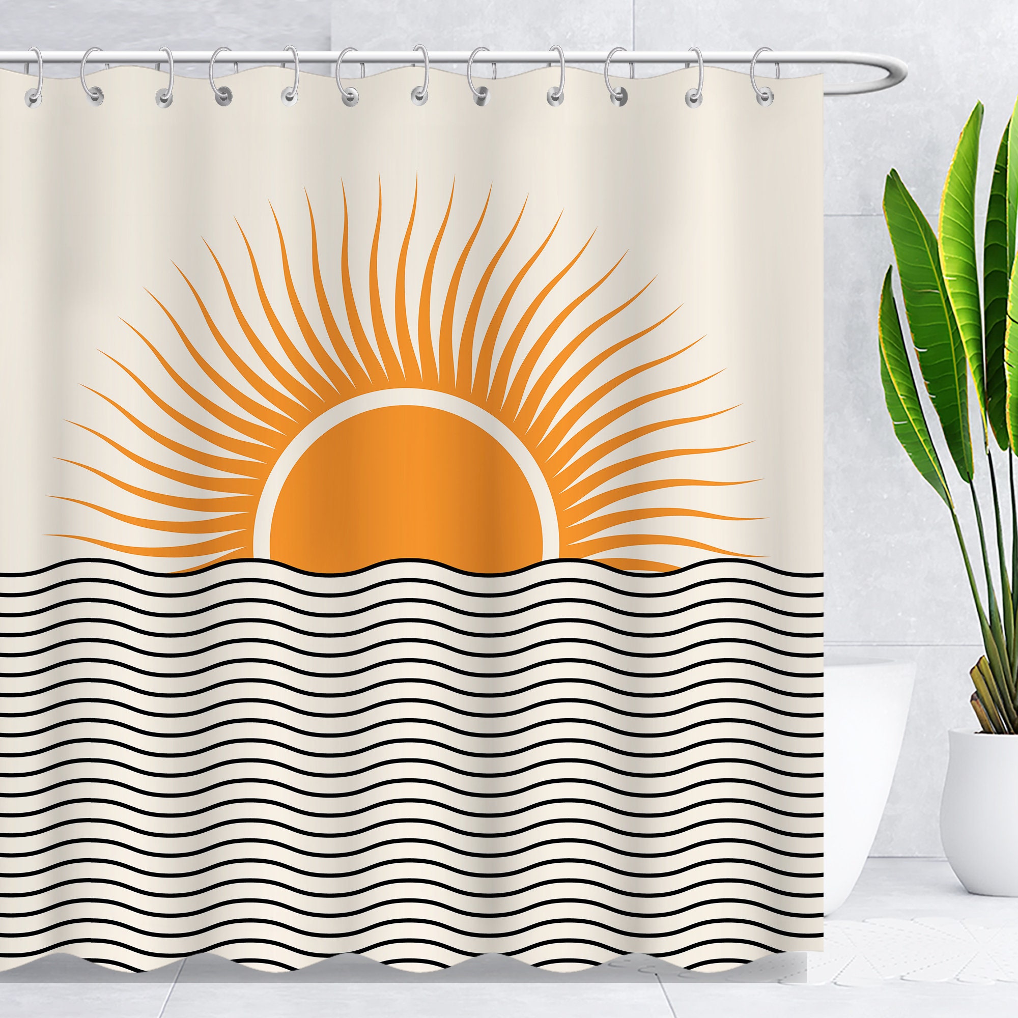 Minimalistic Sunset Art Shower Curtain With Abstract Sunrise And Sunset Design For Modern Bathroom Decor