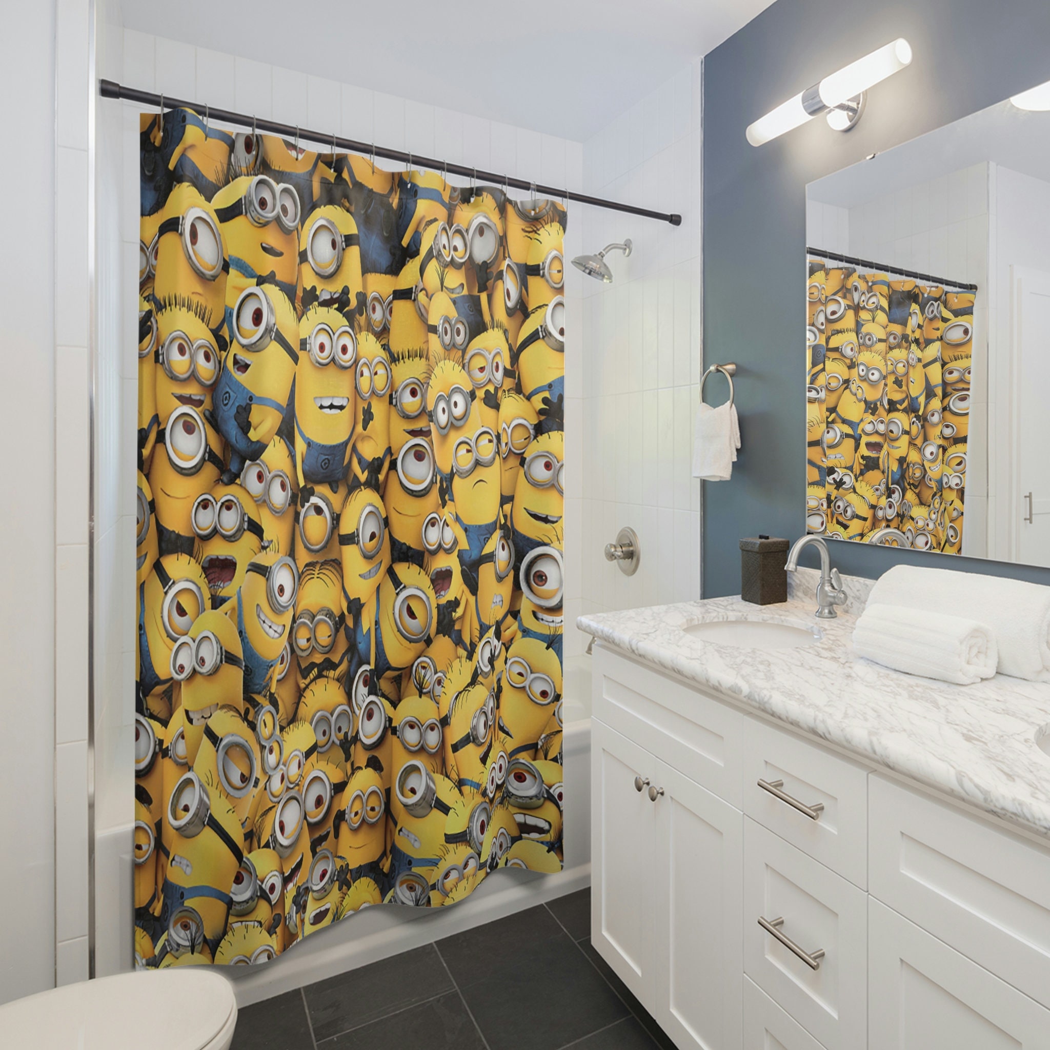 Minions Assemble Custom Shower Curtain, Waterproof Bath Accessory with Fun Cartoon Print