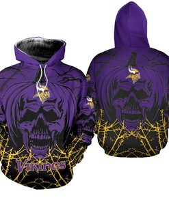 Minnesota Vikings Halloween Pumpkin Skull Print Zip Hoodie - All Over Print Hoodies For Women