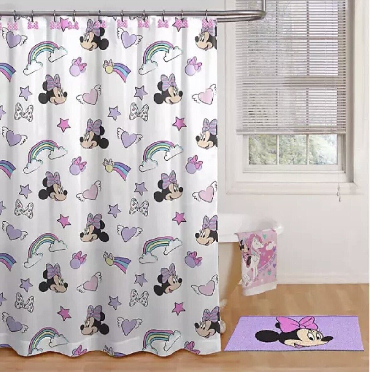 Minnie Mouse Shower Curtain with Adorable Pink Bows and Rainbows