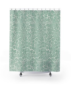 Mint Aqua Blue Bird & Anemone Vintage English Bathroom Accessory with William Morris Antique Bathroom Shower Curtain