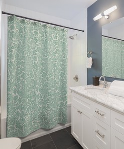 Mint Aqua Blue Bird & Anemone Vintage English Bathroom Accessory with William Morris Antique Bathroom Shower Curtain