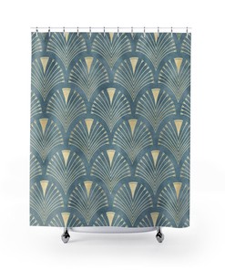 Misty Blue & Gold Abstract Diamond Pattern Art Nouveau Shower Curtain - Bathroom Decorations