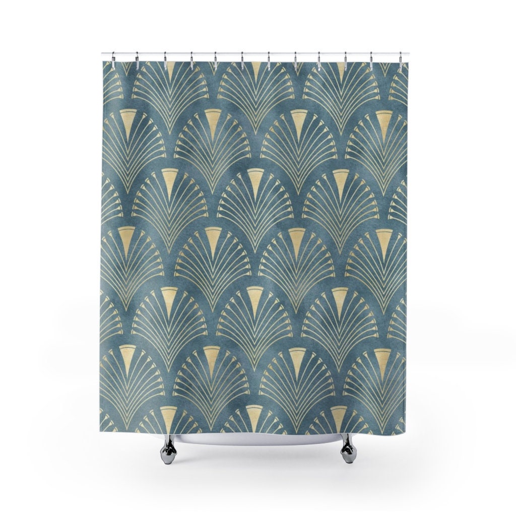 Misty Blue & Gold Abstract Diamond Pattern Art Nouveau Shower Curtain - Bathroom Decorations