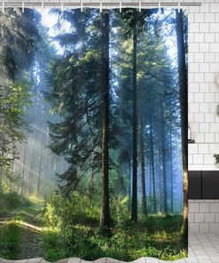 Misty Forest And Sunshine Trees Shower Curtain For A Relaxing Bath