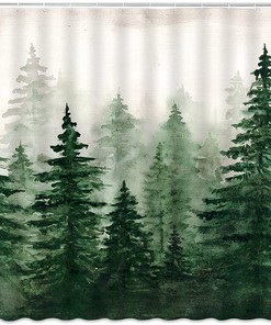 Misty Forest Watercolor Abstract Shower Curtain with Pine Trees and Foggy Jungle