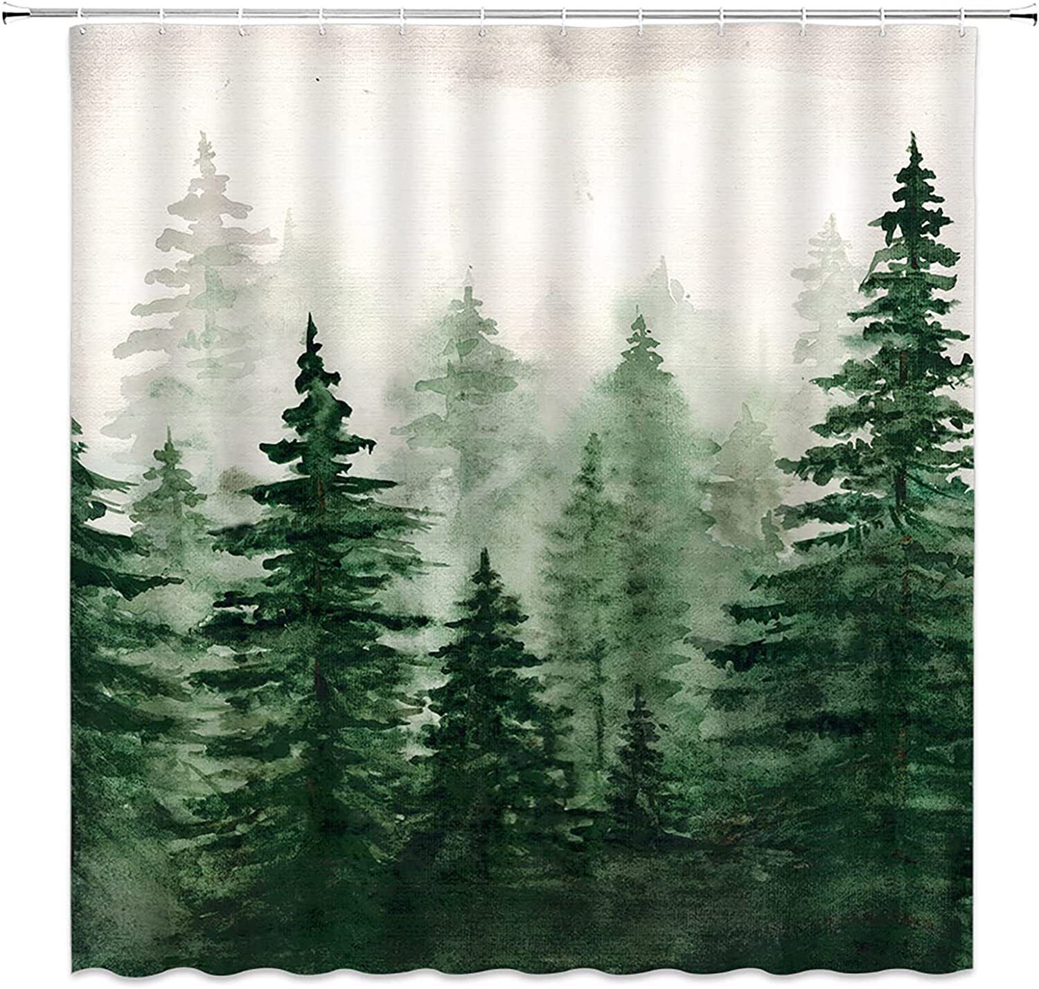 Misty Forest Watercolor Abstract Shower Curtain with Pine Trees and Foggy Jungle
