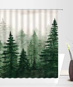 Misty Forest Watercolor Abstract Shower Curtain with Pine Trees and Foggy Jungle