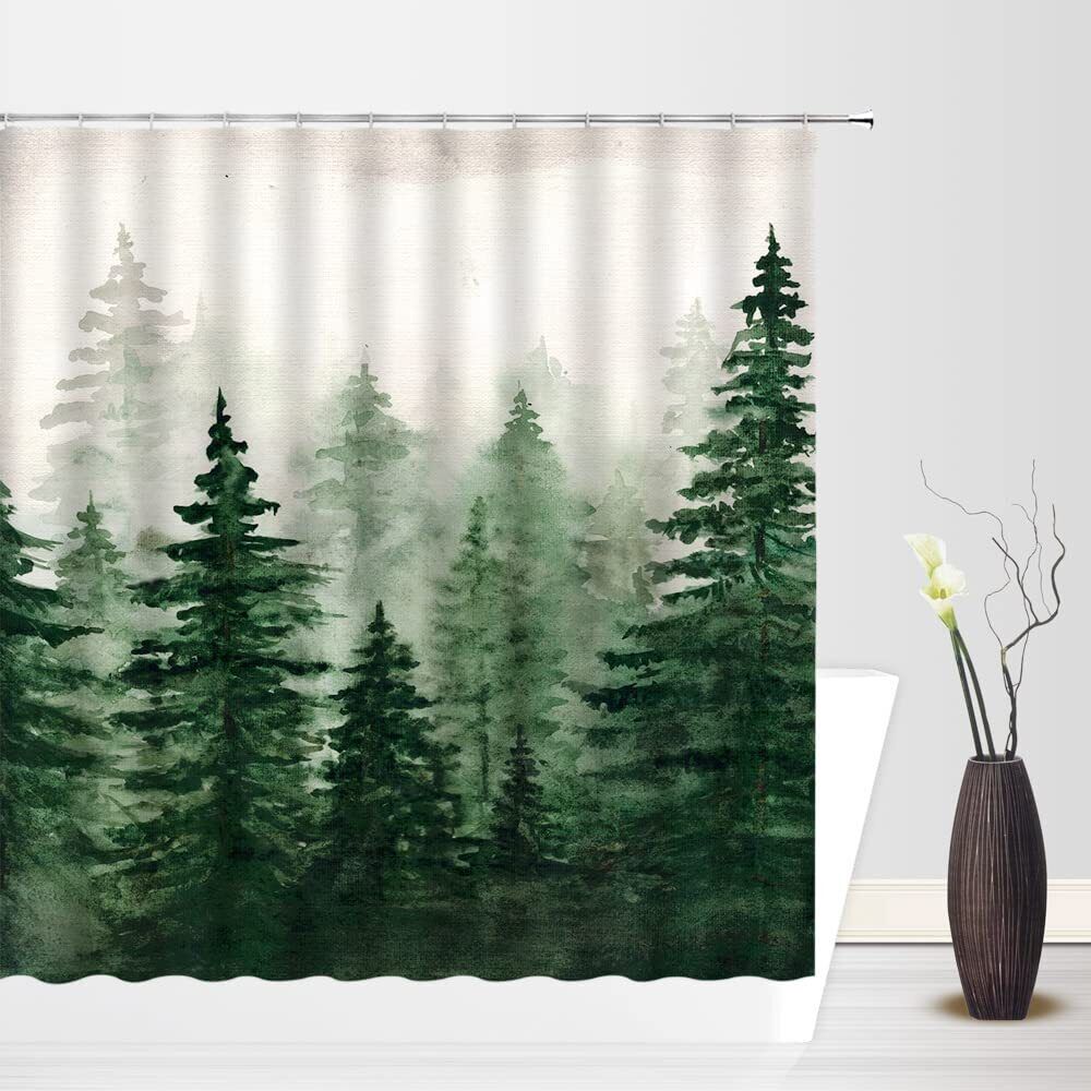 Misty Forest Watercolor Abstract Shower Curtain with Pine Trees and Foggy Jungle