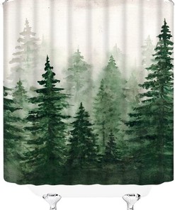 Misty Forest Watercolor Abstract Shower Curtain with Pine Trees and Foggy Jungle