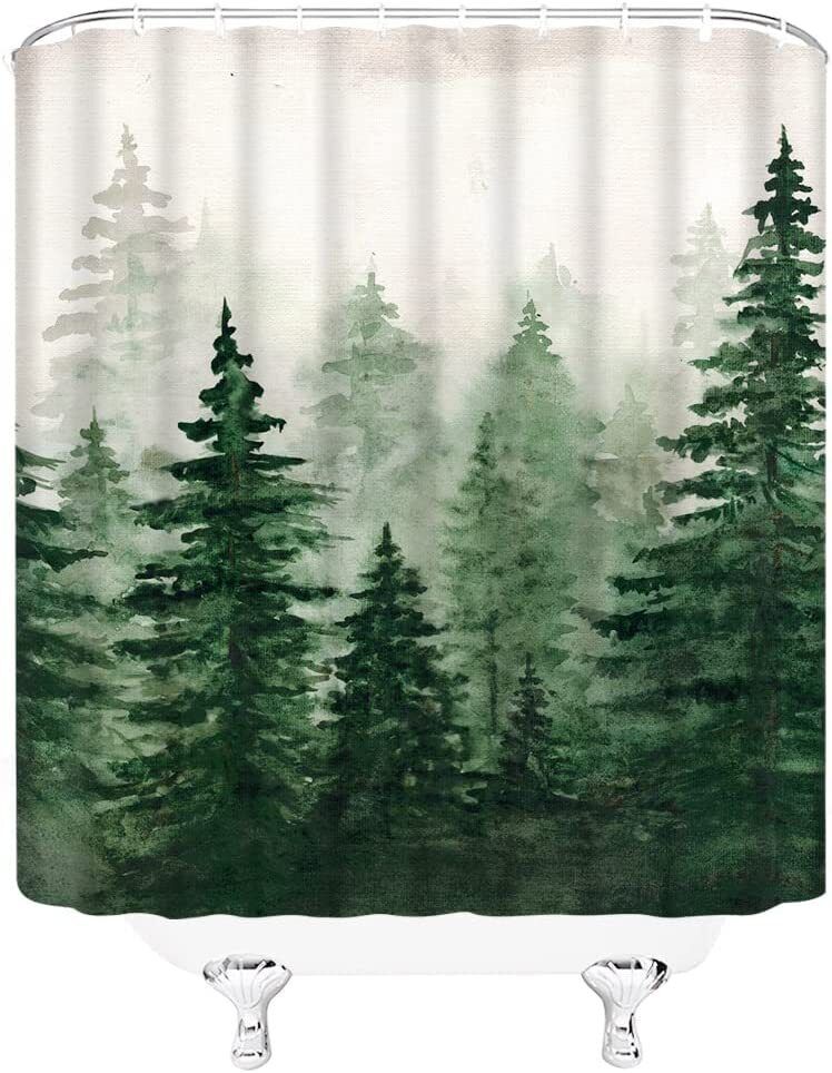Misty Forest Watercolor Abstract Shower Curtain with Pine Trees and Foggy Jungle
