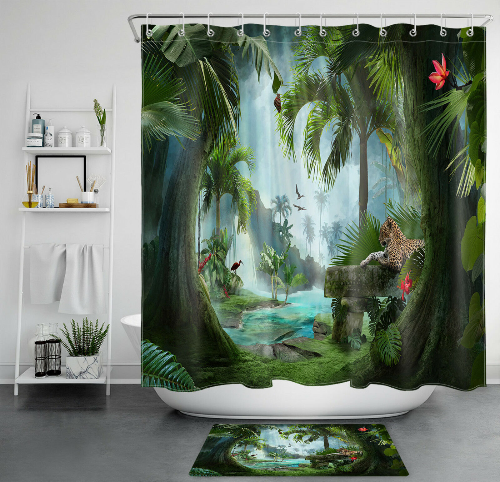 Misty Forest with Tiger Flamingo and Palm Tree Tropical Shower Curtain, Bathroom Decor