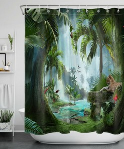 Misty Forest with Tiger Flamingo and Palm Tree Tropical Shower Curtain, Bathroom Decor