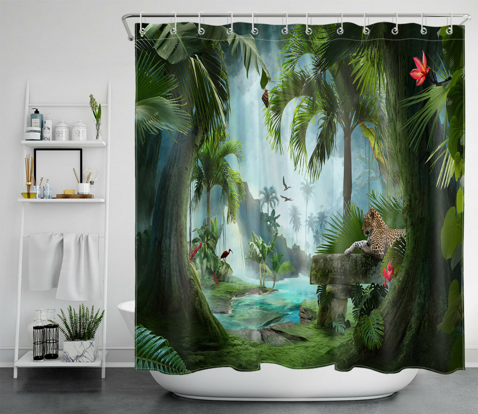 Misty Forest with Tiger Flamingo and Palm Tree Tropical Shower Curtain, Bathroom Decor