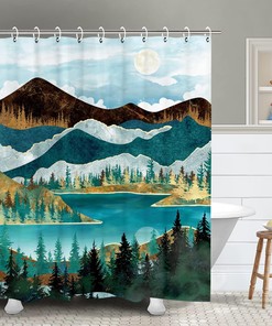 Misty Mountain Forest Shower Curtain with Landscape Elements, Nature Bathroom Decor 